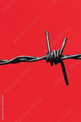 Striking Barbed Wire on Vivid Red Background Symbolizing Conflict, Barriers, and the Impact of Restricted Boundaries in Modern Society photo