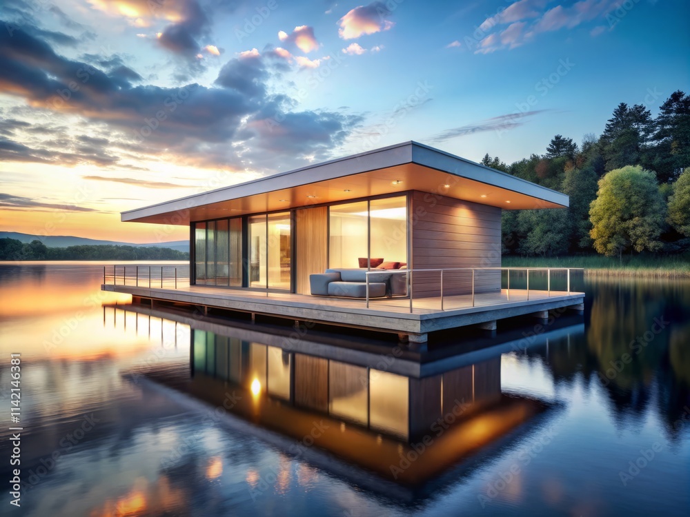 Floating Lake House: Minimalist Modern Design, Calm Waters, Glass Walls, Wood Deck, Action Shot Floating Lake House: Minimalist Modern Design, Calm Waters, Glass Walls, Wood Deck, Action Shot