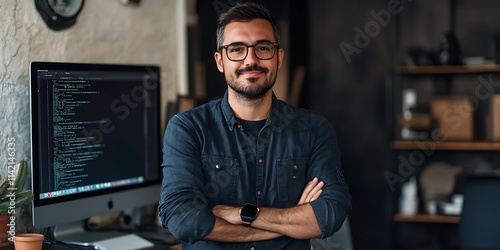 Portrait of a male web developer standing confidently in front of a computer with code on the screen