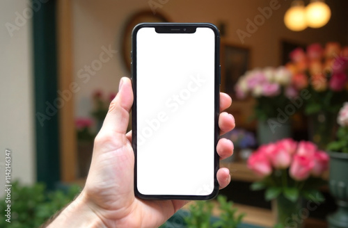 A hand holds a smartphone with a blank screen against the backdrop of a flower shop window. Valentine's Day concept.