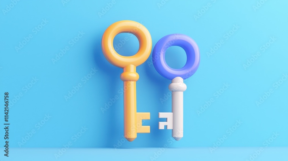 Colorful keys on a blue background, symbolizing access and security. Colorful keys on a blue background, symbolizing access and security.