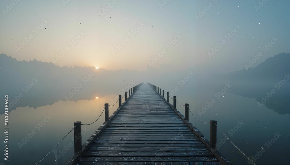 Fototapeta premium Serene Wooden Pier in Morning Mist with Mountain Vista