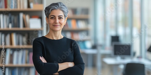 Female sociologist standing confidently in a research office, working on community focused studies and research photo