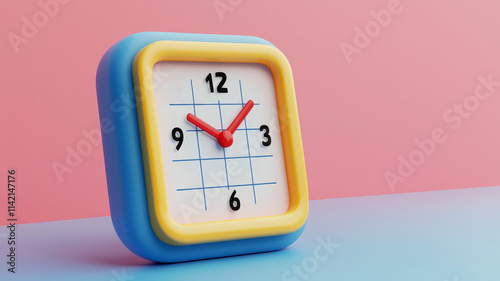 Colorful square clock against a pink background.