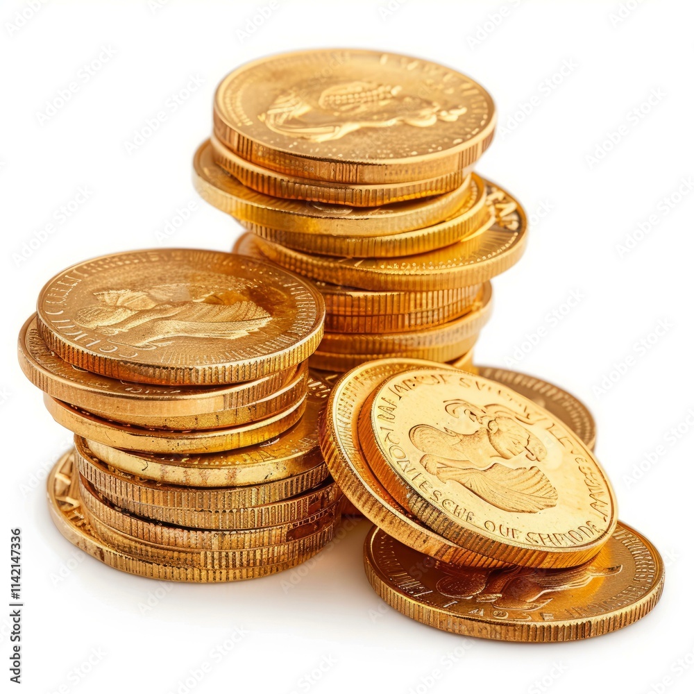 Stacks of shiny gold coins suggesting financial wealth and security Stacks of shiny gold coins suggesting financial wealth and security