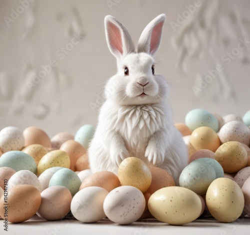 Fluffy Easter bunny sitting on a pile of eggs white background, colorful, spring, easter eggs