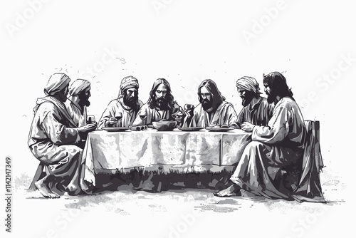Group of men are sitting at a table and eating. There are six men in total. One man is sitting on the right side of the table. flat vector illustration
