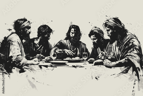 Man is sitting at a table with four other men. They are all eating and drinking. One of the men is holding a wine glass. flat vector illustration