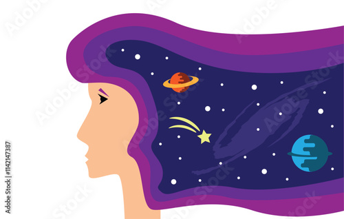 Head Figure of a Woman with Stars and Space in the Hair. Exploring space and thinking about the universe vector art