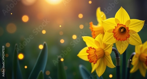 Daffodils (Spring Holidays) – Bright yellow daffodils in full bloom, glowing softly among golden fireflies, set against a burgundy and cream background with party lights. 