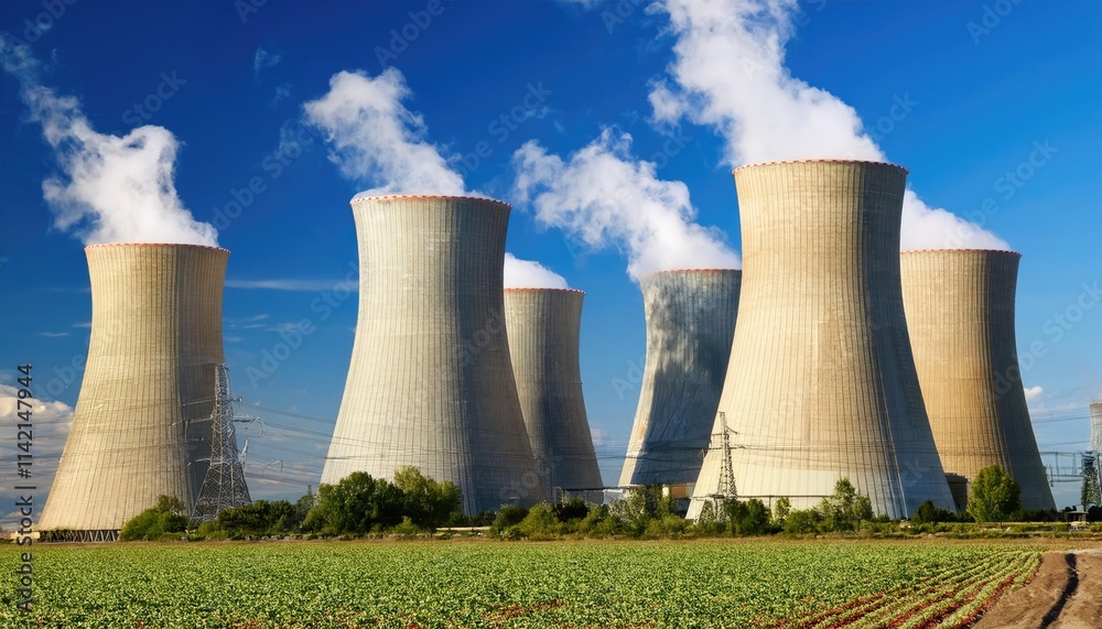 Nuclear power plant cooling towers emitting steam under blue sky Nuclear power plant cooling towers emitting steam under blue sky