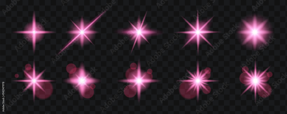 Pink star light effects. Glow isolated transparent lights, lens flares, explosion, glitter and particles, sparks. Abstract vector effect. Pink star light effects. Glow isolated transparent lights, lens flares, explosion, glitter and particles, sparks. Abstract vector effect.