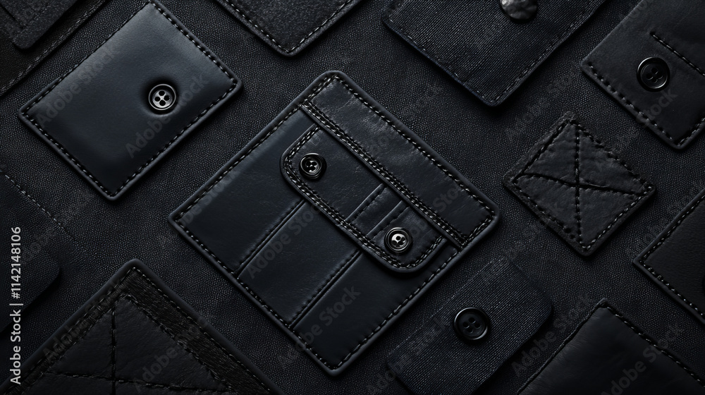 Realistic set of black pocket templates isolated on transparent background. Vector illustration of cloth or leather patches with buttons and stitches. Design elements for clothes, bags, jeans fashion