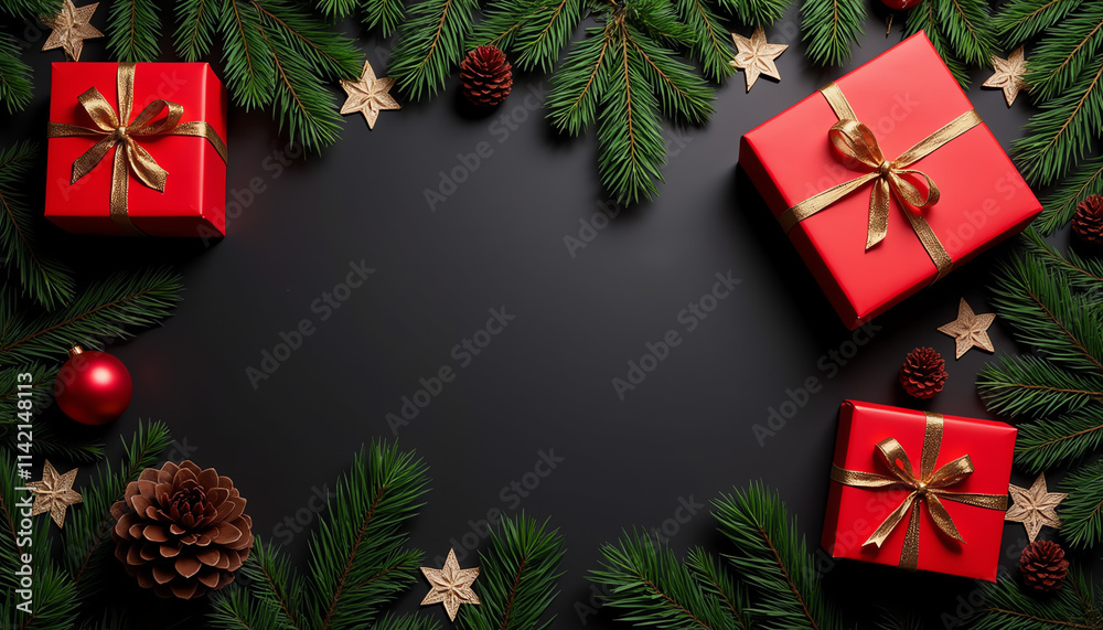 Top view of Christmas red gift boxes, fir tree branches, and pine cones on a black background with copy space Top view of Christmas red gift boxes, fir tree branches, and pine cones on a black background with copy space
