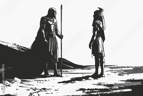 Man with a sword is standing next to another man. The man with the sword is holding it in his right hand. flat vector illustration