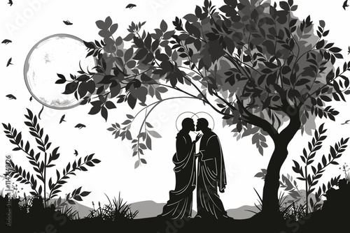 Man and a woman are kissing under a tree. The man is holding the woman's hand. flat vector illustration