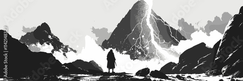 Man stands on a rocky mountain top. The mountain is covered in snow and the sky is cloudy. flat vector illustration