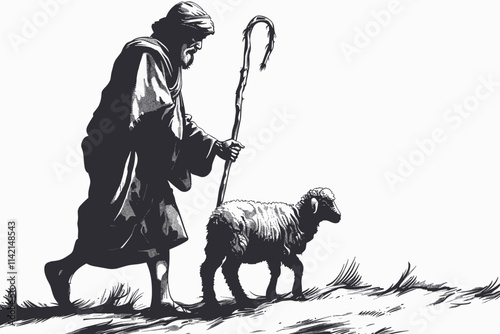 Man is walking with a sheep. The man is holding a stick. flat vector illustration