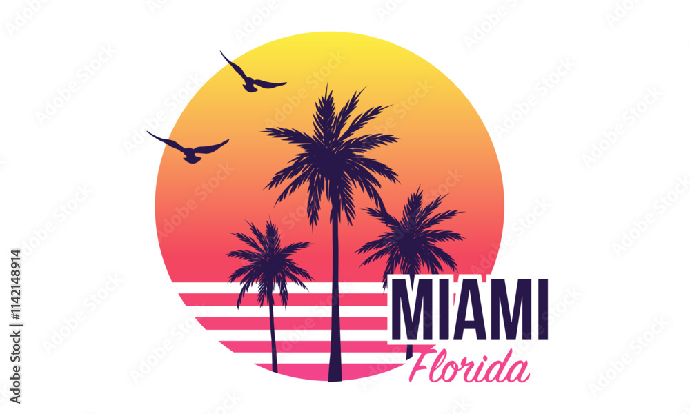 Ilustración Vectorial de Palmeras, Atardecer y Aves para Estampado de Camiseta | Gráfico de Verano Estilo Miami Vibes