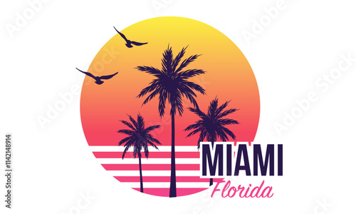 Obraz na płótnie Ilustración Vectorial de Palmeras, Atardecer y Aves para Estampado de Camiseta | Gráfico de Verano Estilo Miami Vibes w salonie