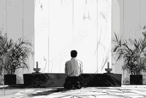 Man is sitting on the floor in front of a window. There are two potted plants in the room. flat vector illustration