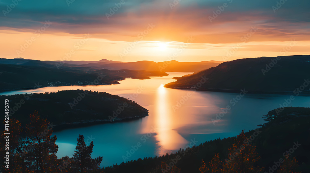 Fototapeta premium Vibrant sunset over tranquil lakes and rolling hills illuminating the serene landscape