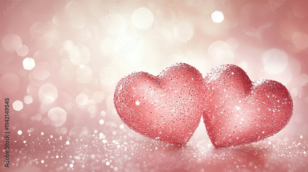 Two Sparkling Pink Hearts on Soft Glittering Bokeh Background Two Sparkling Pink Hearts on Soft Glittering Bokeh Background