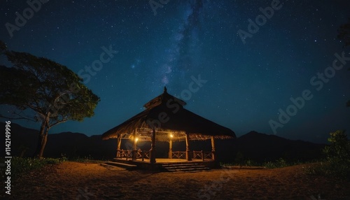 A peaceful view of Ayyappan under a starry night sky, symbolizing tranquility. photo