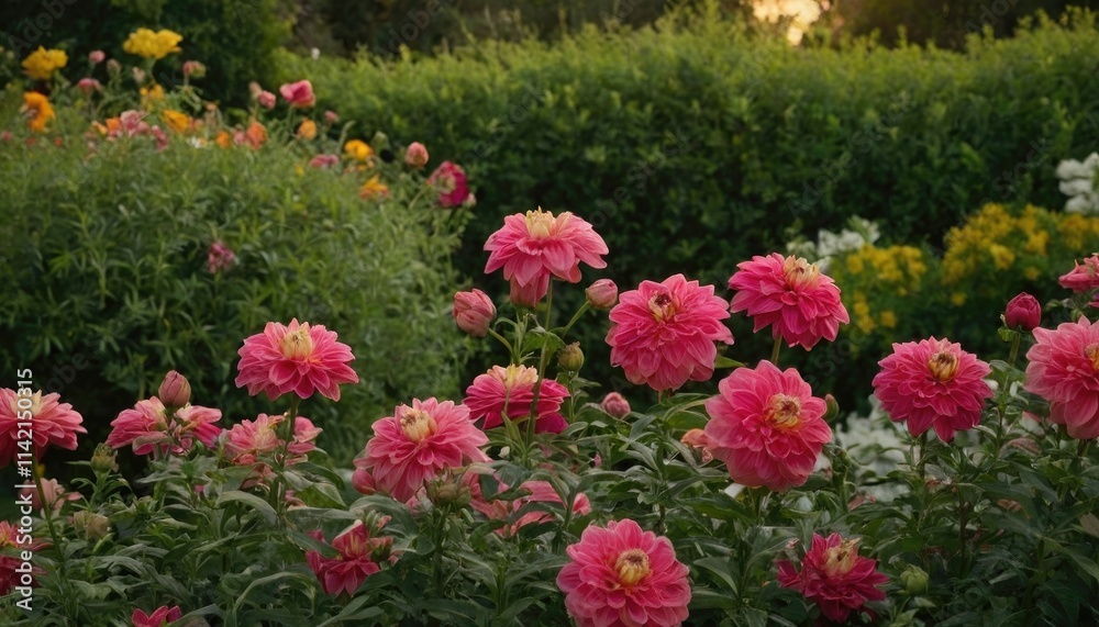 A serene garden scene featuring various colors of dalia flowers under soft evening light. A serene garden scene featuring various colors of dalia flowers under soft evening light.