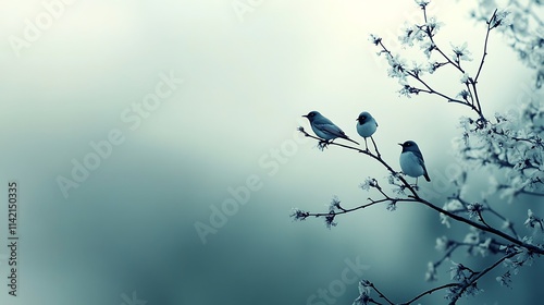 Three Blue Birds Perched on Blooming Branches