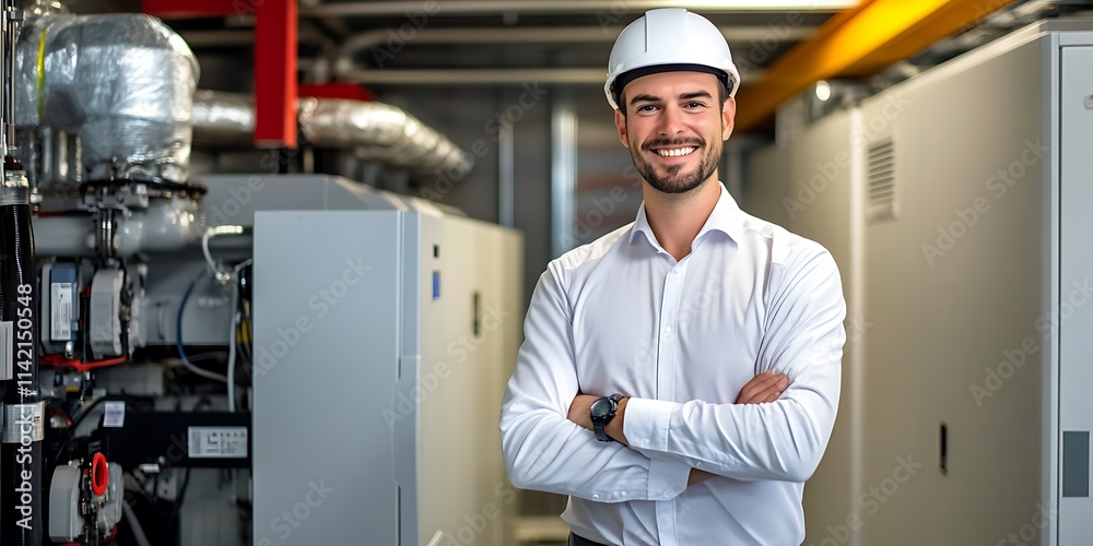 Portrait of a male engineer standing confidently in front of an electrical generator, overseeing installation, with a smile and copy space Portrait of a male engineer standing confidently in front of an electrical generator, overseeing installation, with a smile and copy space