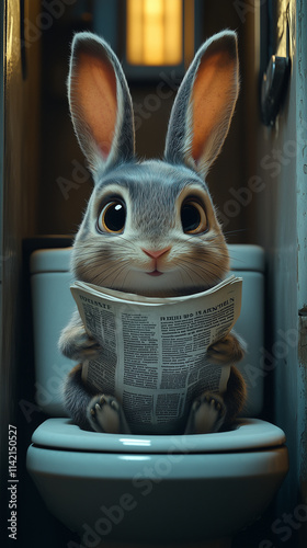 Charming cartoon bunny sitting on a toilet, holding a newspaper with a curious expression, in a cozy, warmly lit setting. A playful and humorous scene ideal for creative projects