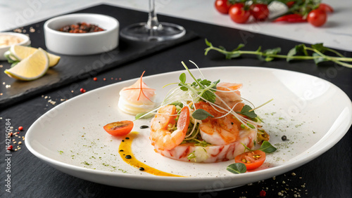 beautifully plated shrimp dish garnished with fresh herbs and cherry tomatoes, showcasing culinary artistry