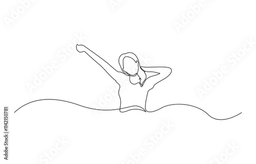 Continuous line art or One Line Drawing of a woman stretching arms is relaxing, Happy man and woman raising hands in an exercise of relax and breathing, one line continuous drawing.