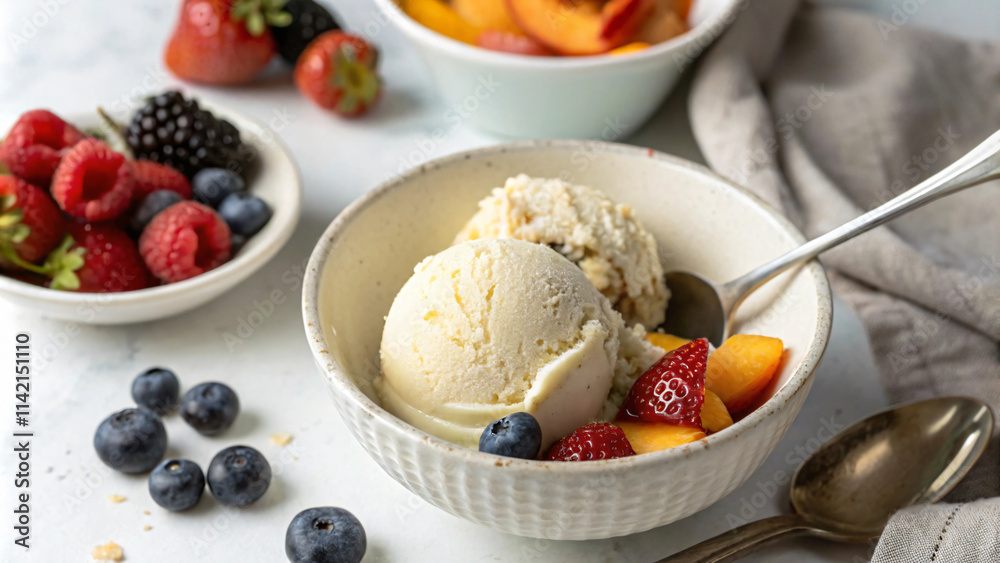 Delicious ice cream served with fresh fruits like strawberries, blueberries, and peaches, creating vibrant and refreshing dessert experience Delicious ice cream served with fresh fruits like strawberries, blueberries, and peaches, creating vibrant and refreshing dessert experience