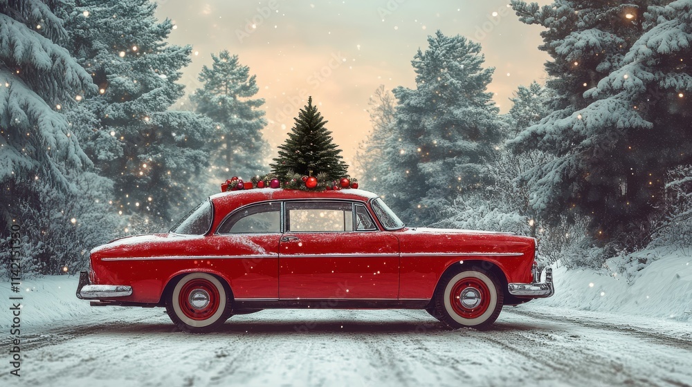 retro car with christmas tree on the roof illustration retro car with christmas tree on the roof illustration