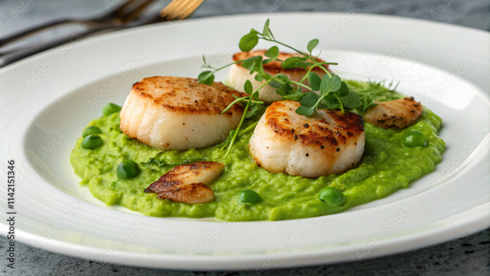 Delicious seared scallops served on vibrant green pea puree, garnished with fresh herbs. perfect dish for seafood lovers! Delicious seared scallops served on vibrant green pea puree, garnished with fresh herbs. perfect dish for seafood lovers!