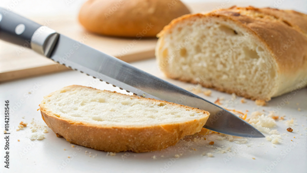 Freshly sliced bread with sharp knife, showcasing soft texture and golden crust. Perfect for sandwiches or toast