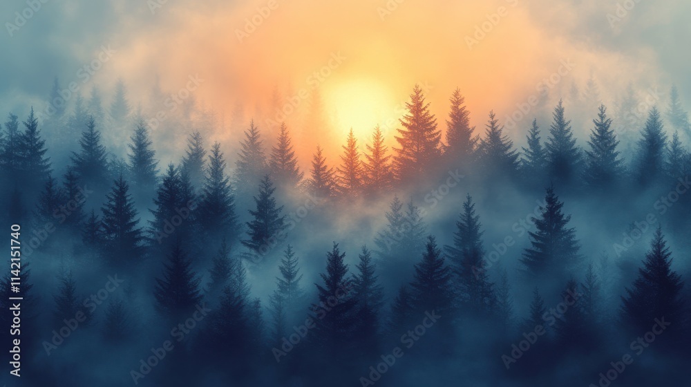 silhouette of fir tree in foggy forest illustration silhouette of fir tree in foggy forest illustration