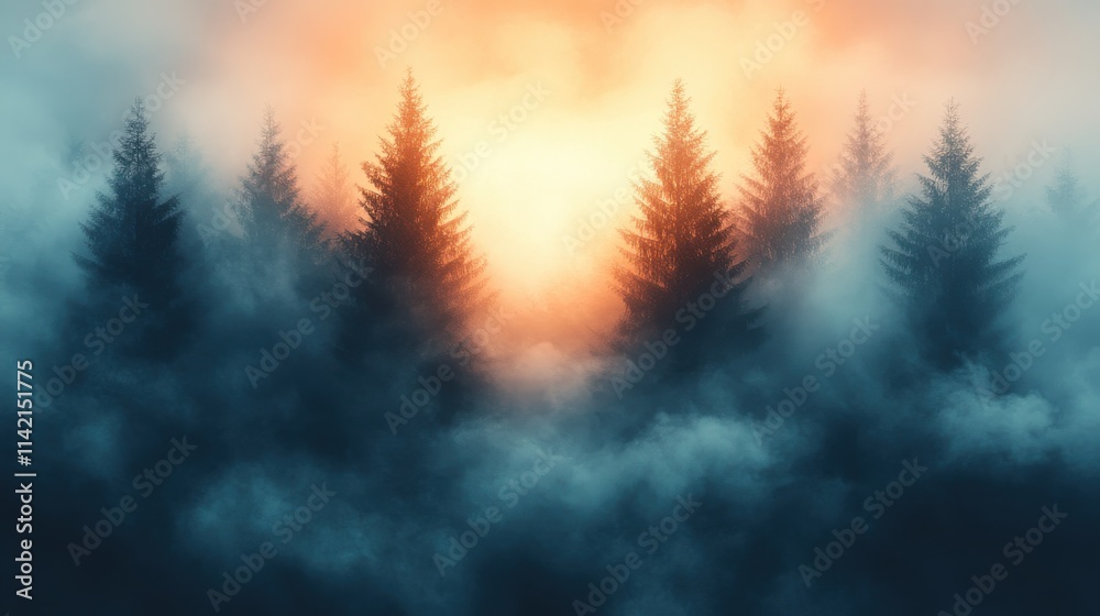 silhouette of fir tree in foggy forest illustration silhouette of fir tree in foggy forest illustration