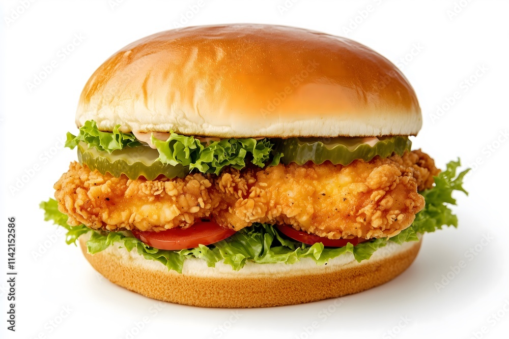A chicken sandwich with pickles, lettuce and tomato slices on a white background A chicken sandwich with pickles, lettuce and tomato slices on a white background