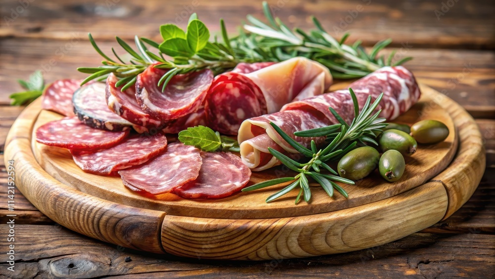 Italian ham and salami with herbs arranged on a wooden platter amidst fresh rosemary and thyme, herbs Italian ham and salami with herbs arranged on a wooden platter amidst fresh rosemary and thyme, herbs