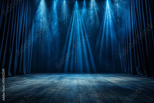 Wallpaper Mural Empty blue curtain stage with spotlight in front view of wooden floor Torontodigital.ca