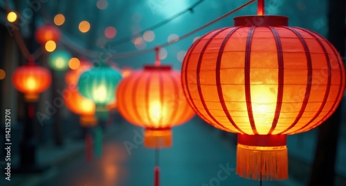  Bright paper or silk lanterns glowing under a starry sky during the Mid-Autumn Festival, surrounded by fireflies and orange-teal lighting, presented in high definition.