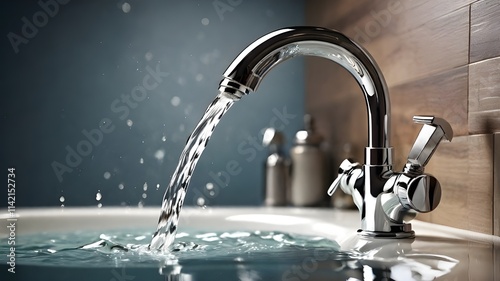 Modern chrome faucet with flowing water and splashing drops, cut out