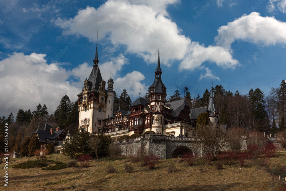 Romania Sinaia Peles Castle on a cloudy summer day Romania Sinaia Peles Castle on a cloudy summer day