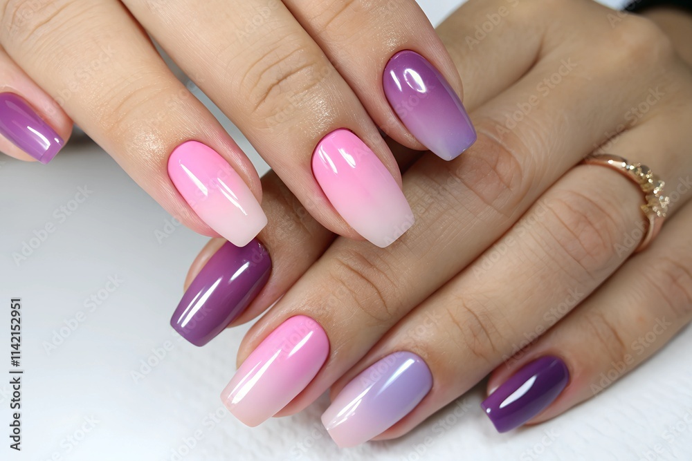 Ombre nail polish showcasing a soft gradient with shades of pink and purple on well-groomed hands Ombre nail polish showcasing a soft gradient with shades of pink and purple on well-groomed hands