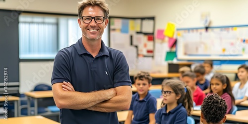 Australian male teacher standing proudly in a classroom engaging with students photo