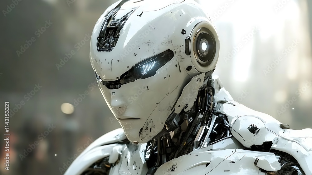 Fototapeta premium Close-up of a futuristic white robot's head.