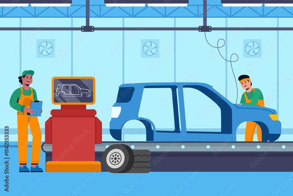 Animated Car Manufacturing Scene with Workers Animated Car Manufacturing Scene with Workers